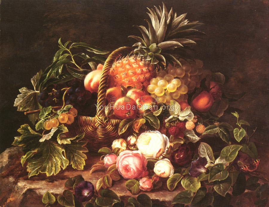 A Still Life Of A Basket Of Fruit And Roses - 约翰·劳伦茨·延森